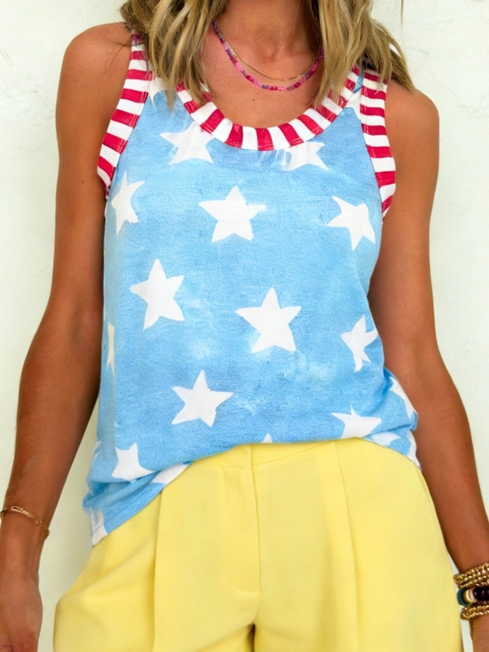 SYNZ Tie Dye Star Print Striped Trim Round Neck Casual Tank Top Various Sizes